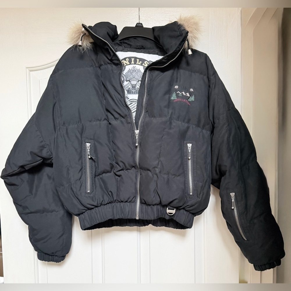 Vintage NILS Ski Black Puffer Jacket 550 Women’s Down Coyote Fur Trim EUC, 8